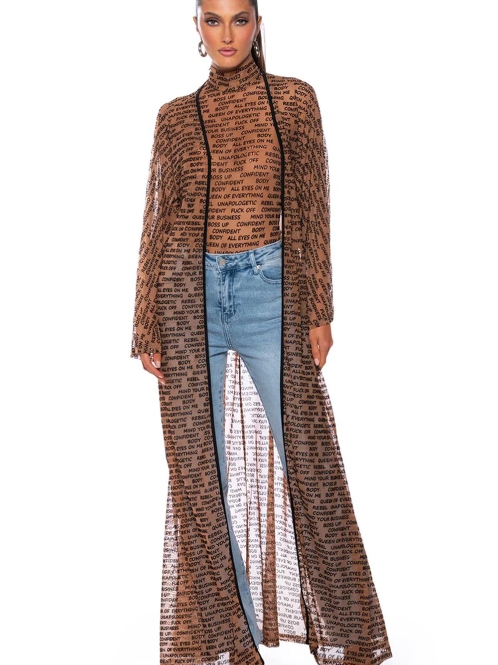 Akira Word of Mouth Sheer Bold Print Duster in Brown S
